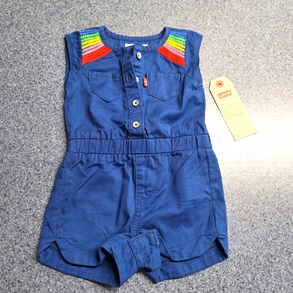 Levi's Blue Bay Romper with Colorful Embroidered Accents, 3-6 M, RN#81917,NWT